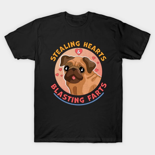 Stealing Hearts And Blasting Farts Dog Pug Valentine's Day T-Shirt by OrangeMonkeyArt